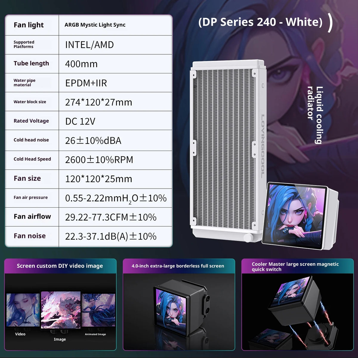 LOVINGCOOL DP Series 360/240 CPU Liquid Cooler 4.0-Inch Super Large Frameless Magnetic Full Screen Can DIY Water Cooler Radiator