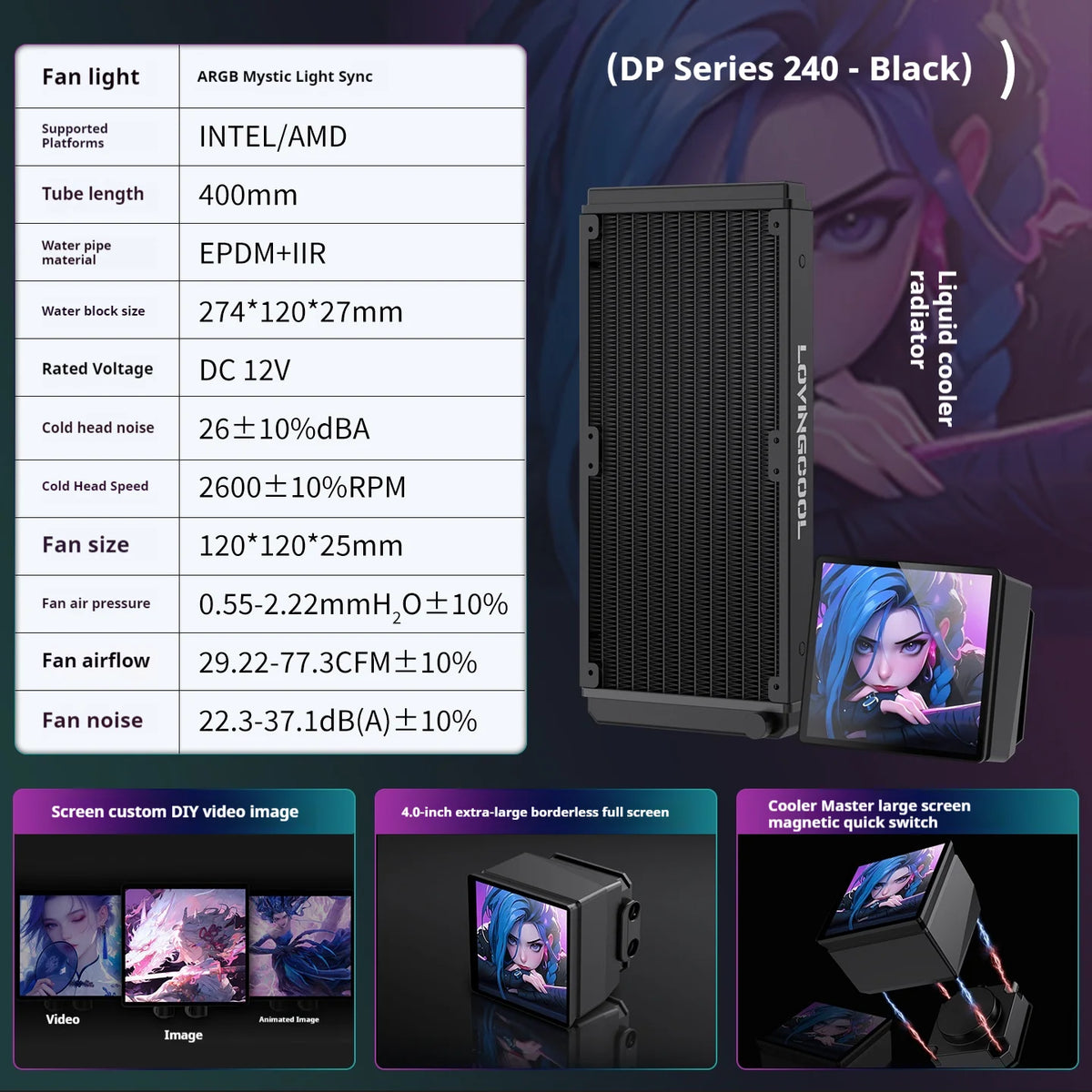 LOVINGCOOL DP Series 360/240 CPU Liquid Cooler 4.0-Inch Super Large Frameless Magnetic Full Screen Can DIY Water Cooler Radiator