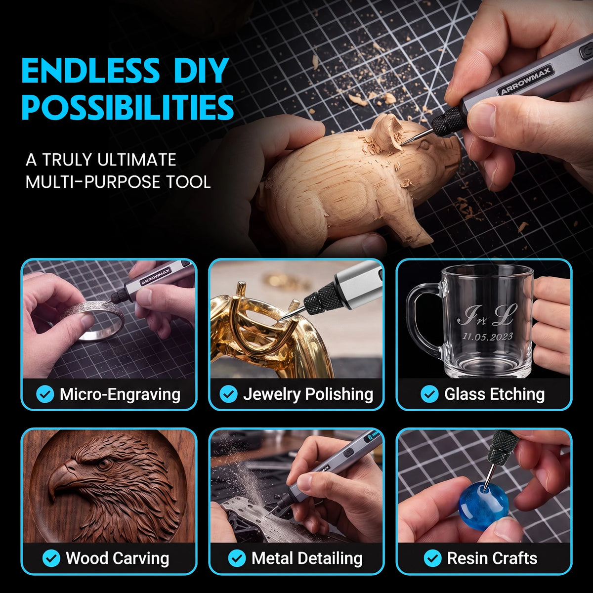 ARROWMAX Engraving Pen Mini Cordless Rotary Tool Kit 30000 RPM with 30 Bits for Metal Wood Glass Plastic Craft DIY Engraver Kit