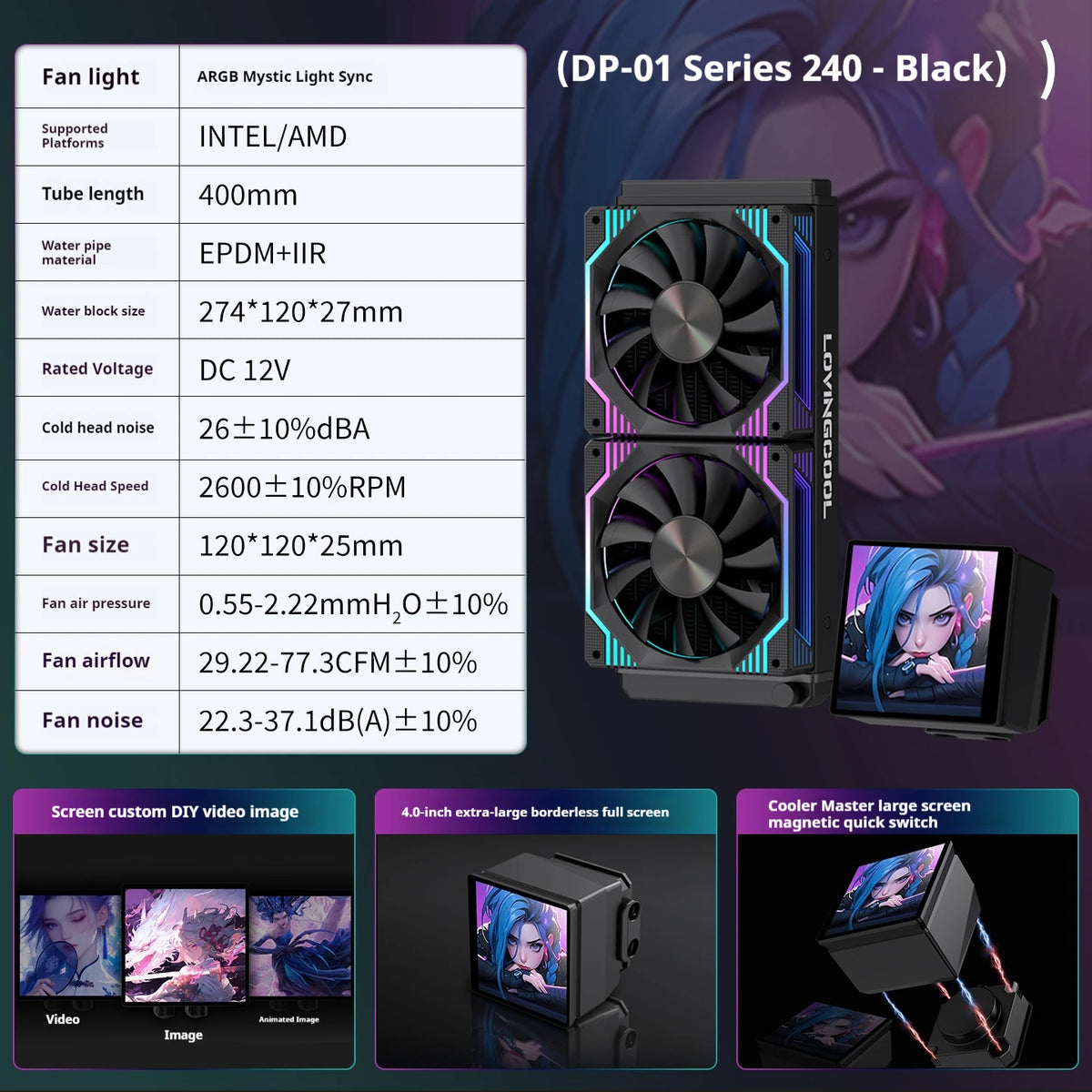 LOVINGCOOL DP Series 360/240 CPU Liquid Cooler 4.0-Inch Super Large Frameless Magnetic Full Screen Can DIY Water Cooler Radiator