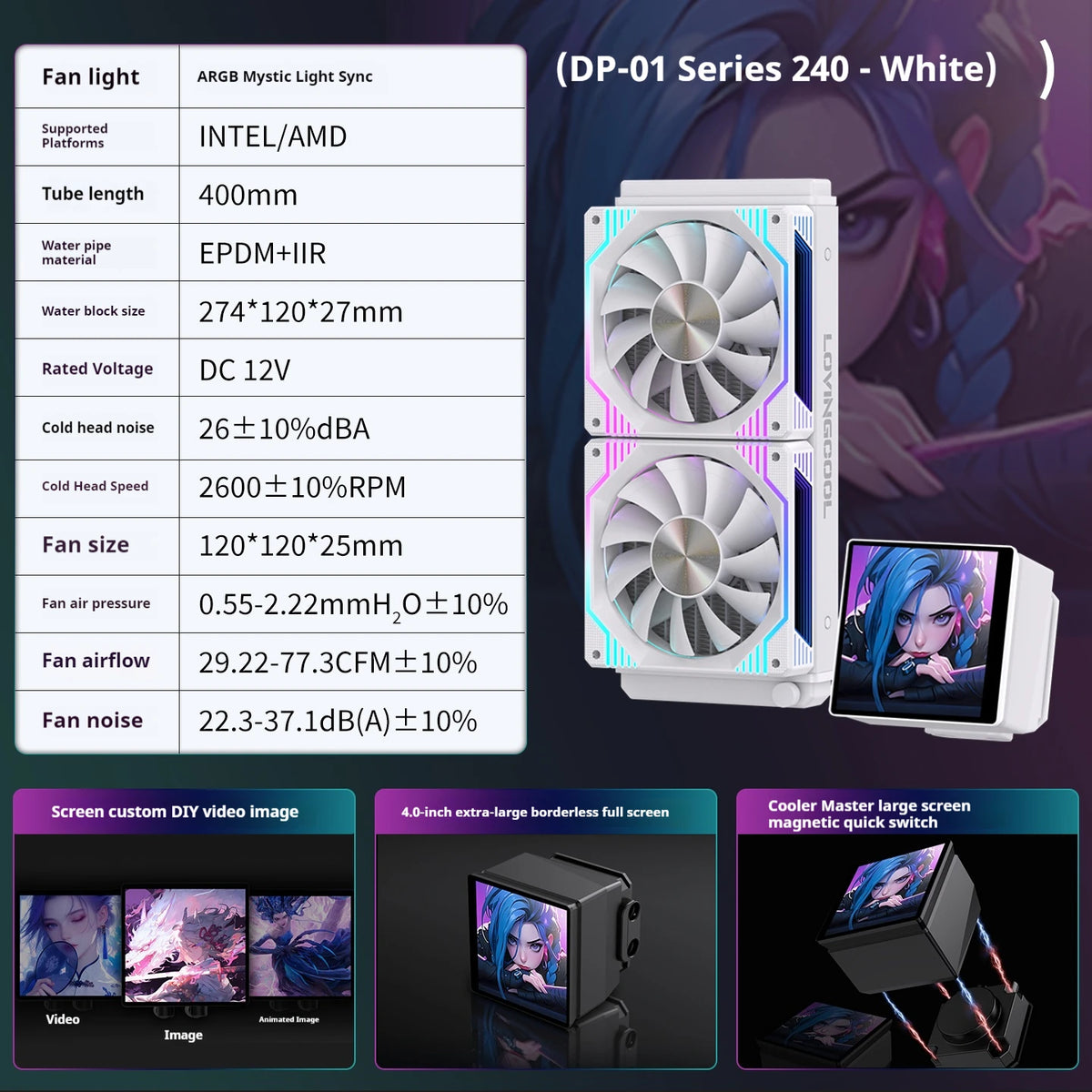 LOVINGCOOL DP Series 360/240 CPU Liquid Cooler 4.0-Inch Super Large Frameless Magnetic Full Screen Can DIY Water Cooler Radiator