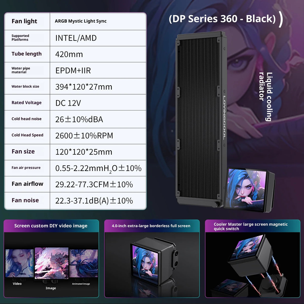 LOVINGCOOL DP Series 360/240 CPU Liquid Cooler 4.0-Inch Super Large Frameless Magnetic Full Screen Can DIY Water Cooler Radiator